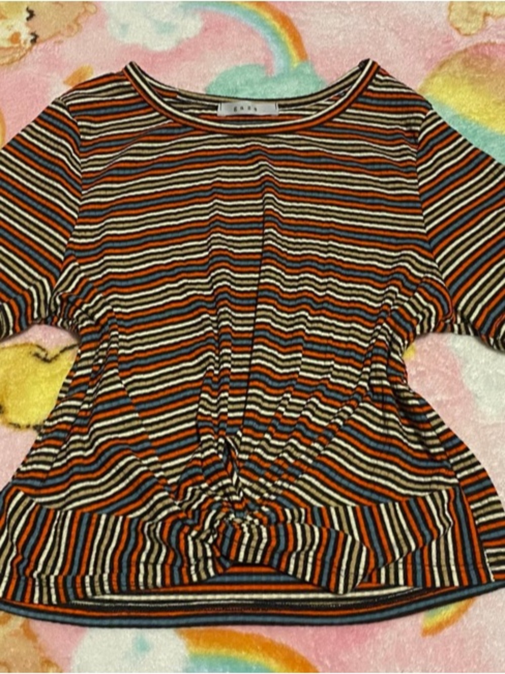 gaze Striped Knot-Front Short Sleeve Baby Tee - Orange, Black, Cream, Blue, Tan